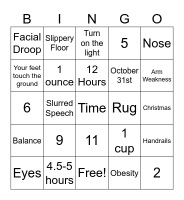 Health Fair BINGO Card
