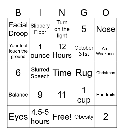 Health Fair BINGO Card