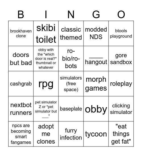 roblox game bingo Card