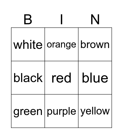 Colours Bingo Card