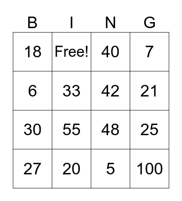 Multiplication Bingo Card