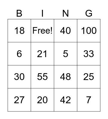 Multiplication Bingo Card