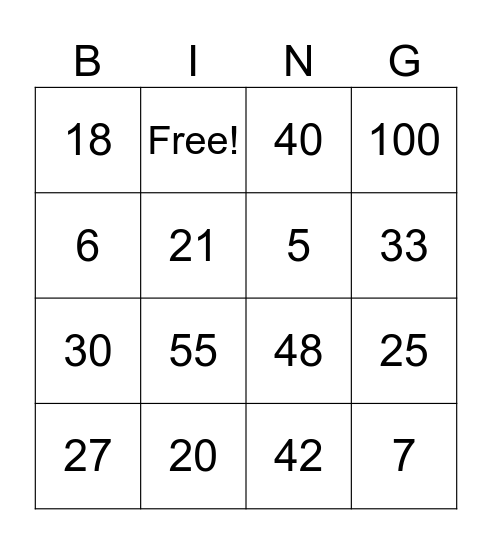 Multiplication Bingo Card