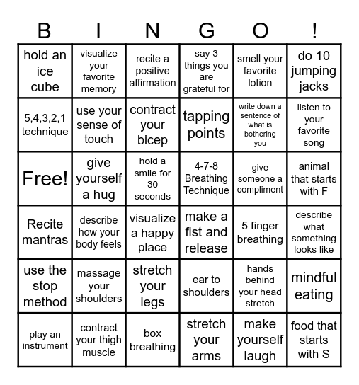 Mindfulness Bingo Card