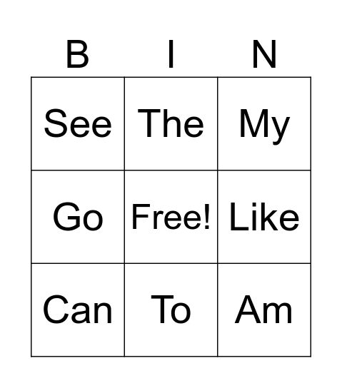 Sight Word Bingo Card