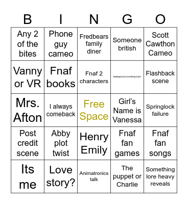FNAF MOVIE BINGO Card