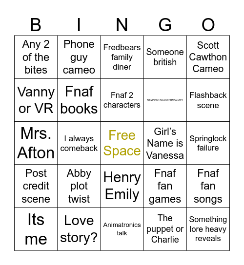 FNAF MOVIE BINGO Card