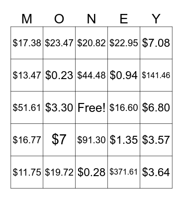 Money Matters Bingo Card