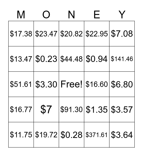 Money Matters Bingo Card