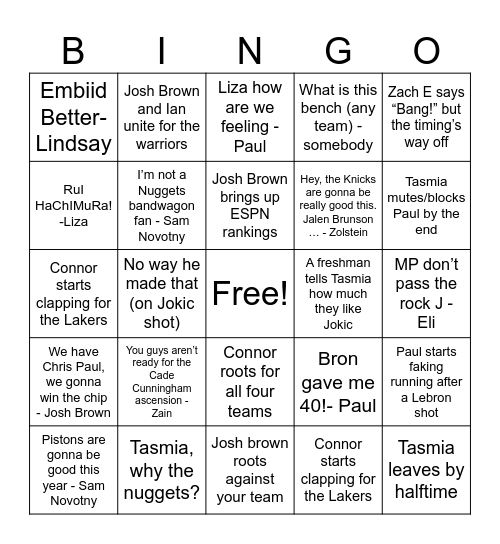 NBA opening night Bingo Card