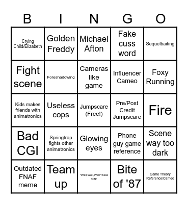 Fnaf Movie Bingo Card
