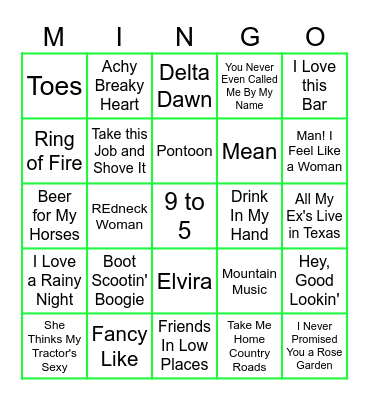 Country Favorites Bingo Card