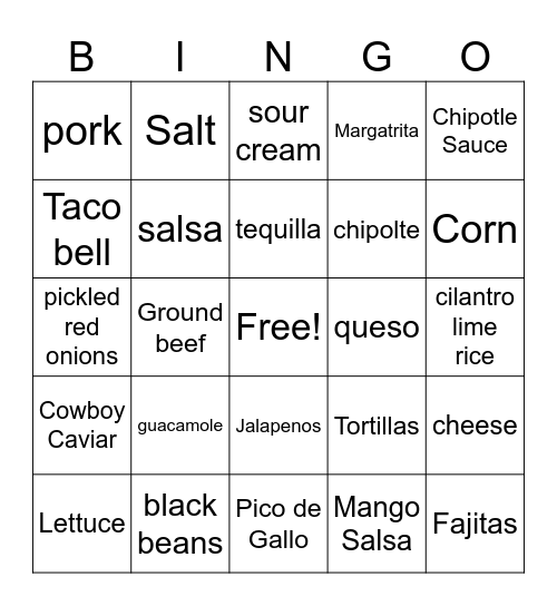 Taco Tuesday Bingo Card