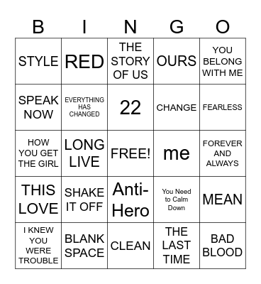 TAYLOR SWIFT SONGS Bingo Card