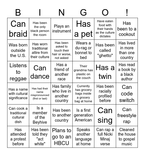 Black Culture Bingo Card