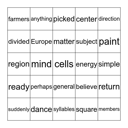 Fry Words 501-525 Bingo Card