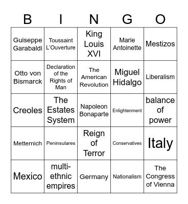 10th Grade Global Exam #3 Bingo Card