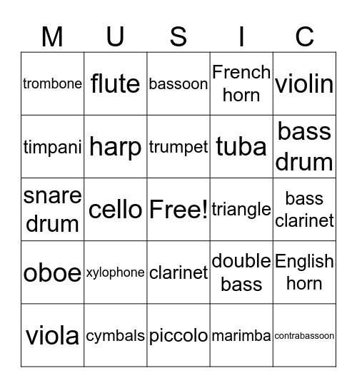 Orchestral Instruments Bingo Card