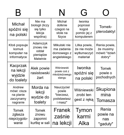 BINGO KLASA 2E Bingo Card