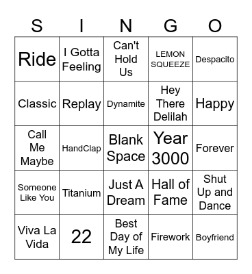 Pop Singo Bingo Card