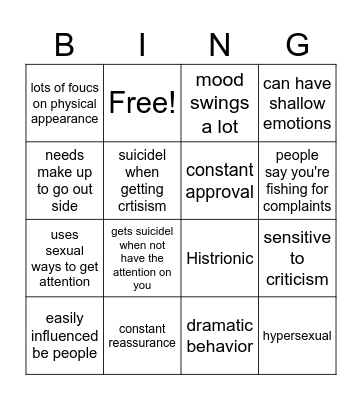 histrionic Bingo Card