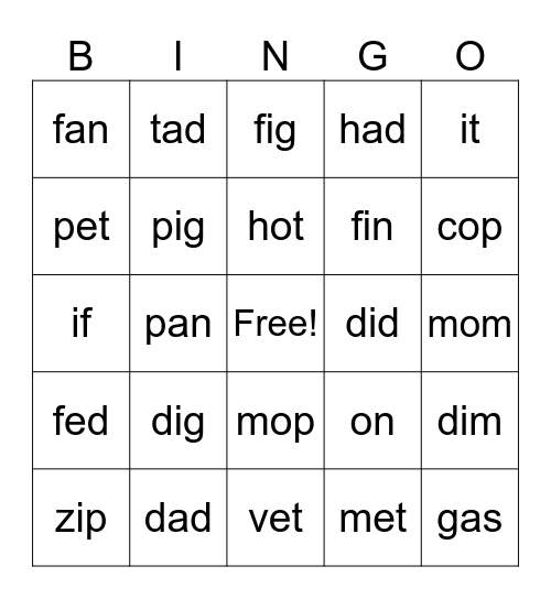 CVC Bingo Skills 4 Bingo Card