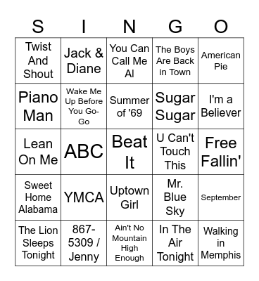 Oldies Singo Bingo Card