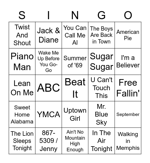 Oldies Singo Bingo Card