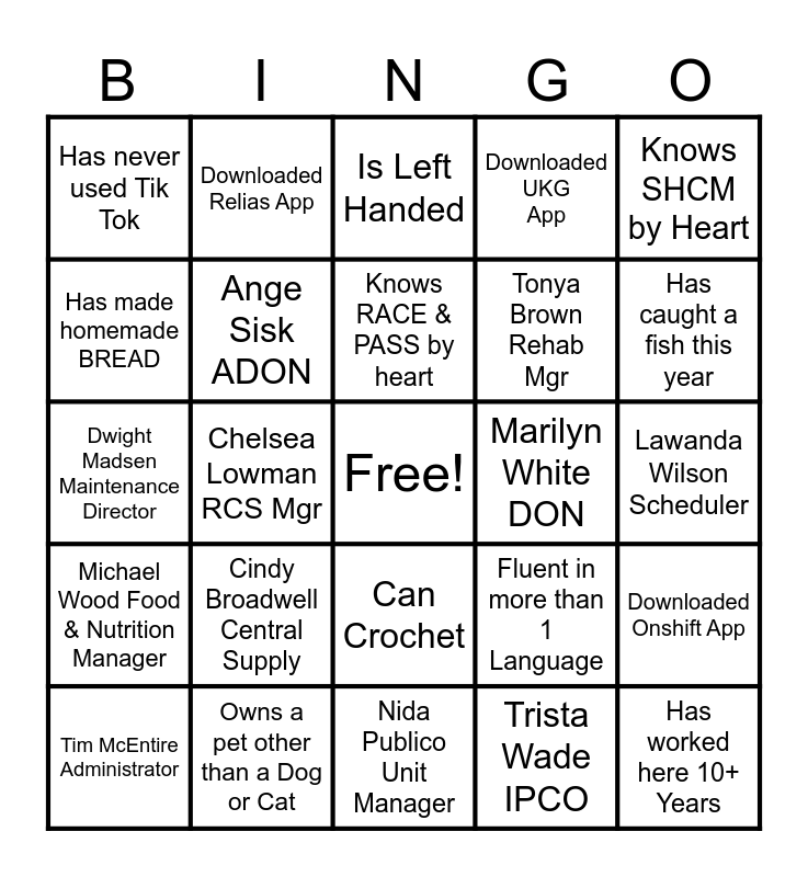 New Hire Bingo Card