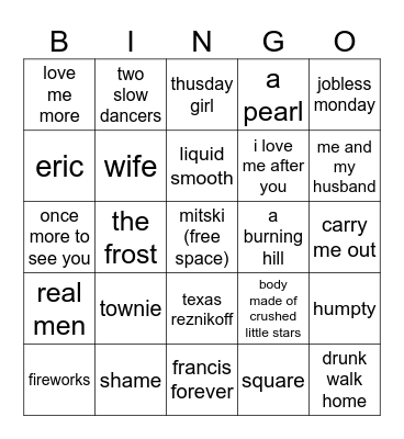 Mitski Song Bingo Card