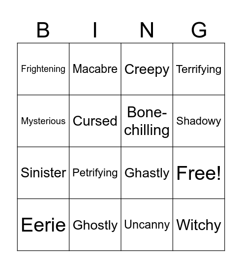 Halloween adjectives Bingo Card