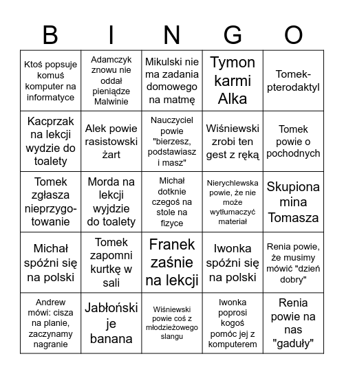 BINGO KLASA 2E Bingo Card