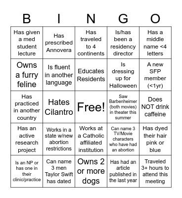 SFP Med Education Ice Breaker Bingo Card