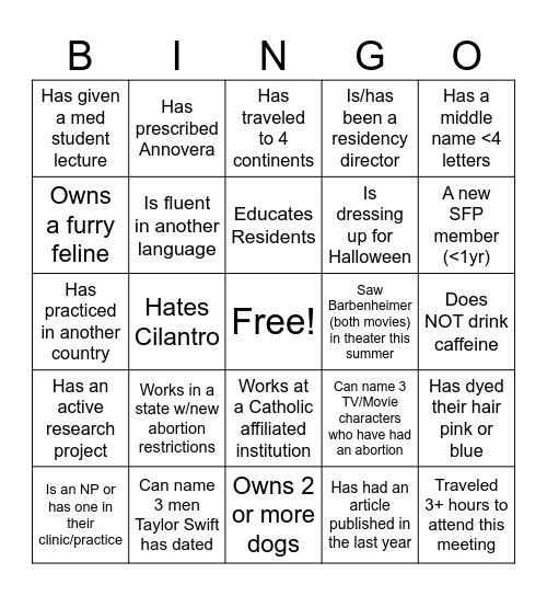 SFP Med Education Ice Breaker Bingo Card