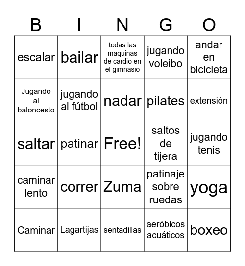 Actividad física Bingo Card
