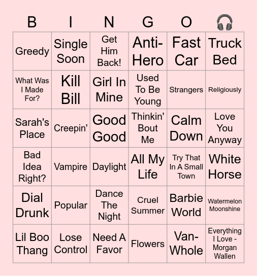 Billboard Top 100 Bingo Card