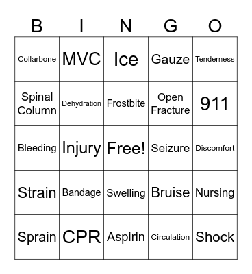 First Aid Bingo: Sprains, Strains Bingo Card