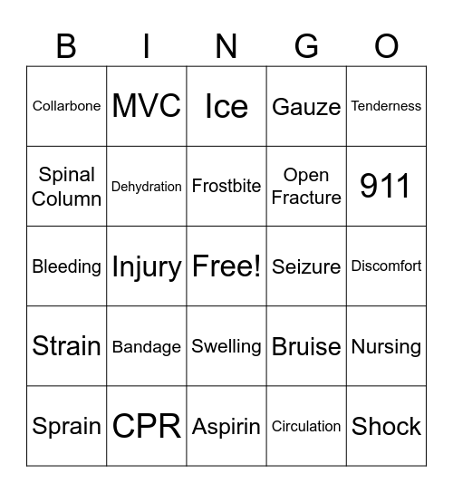 First Aid Bingo: Sprains, Strains Bingo Card