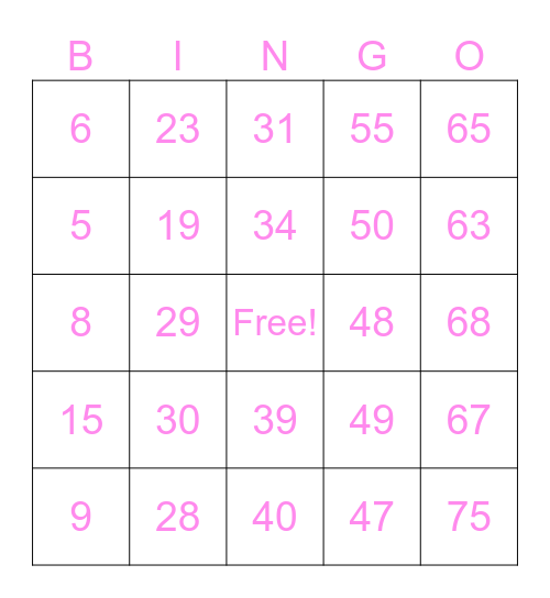 Pink October Bingo Card