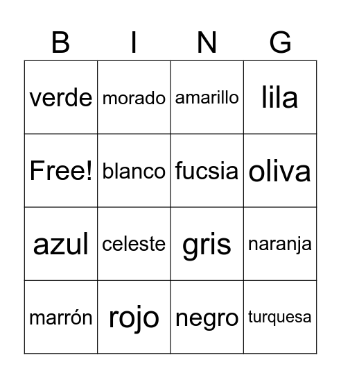 Los colores Bingo Card