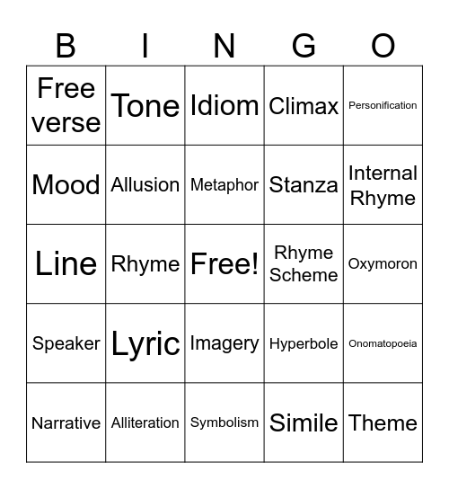 Poetry Review Bingo Card