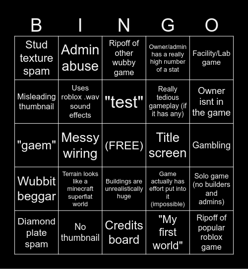 Wubby game bingo, see how many games you can join until you get a bingo Card