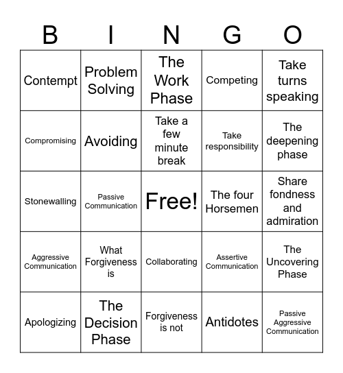 Conflict Resolution Bingo Card