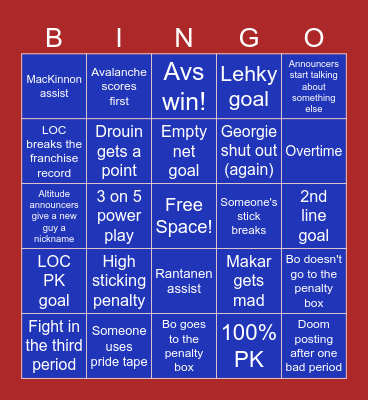 Avs Frozen Frenzy! Bingo Card