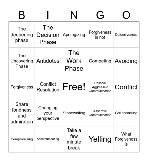 Conflict Resolution Bingo Card