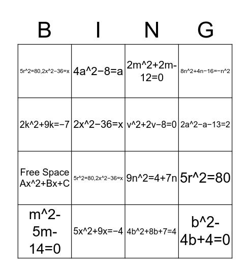 Quadratic Bingo Card