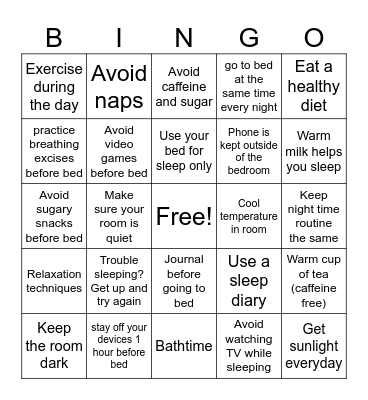 Good Sleep Hygiene Bingo Card