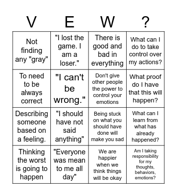 Thought Distortions Bingo Card