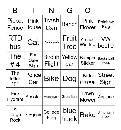 Neighborhood Scavenger Bingo Card