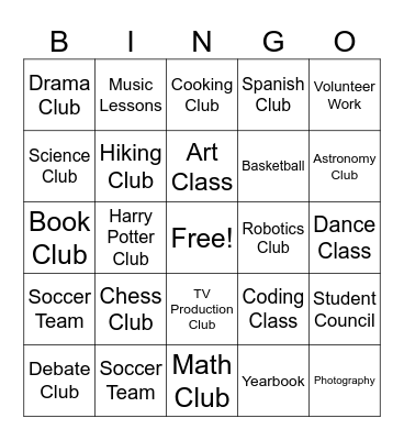 Extracurricular Activities Bingo Card